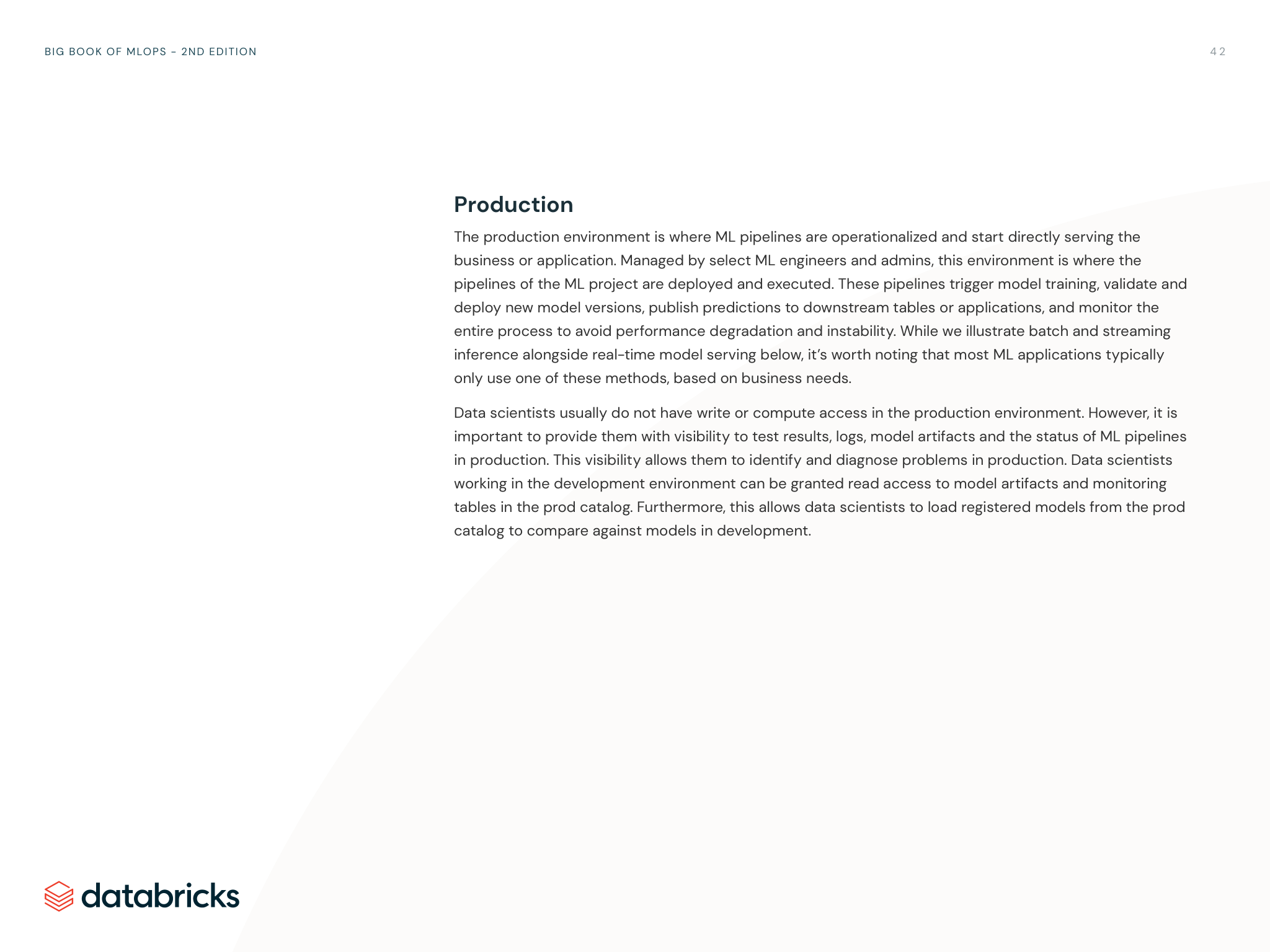 Diagram of the production workflow for training, validation, deployment, serving, inference, monitoring, and retraining.
