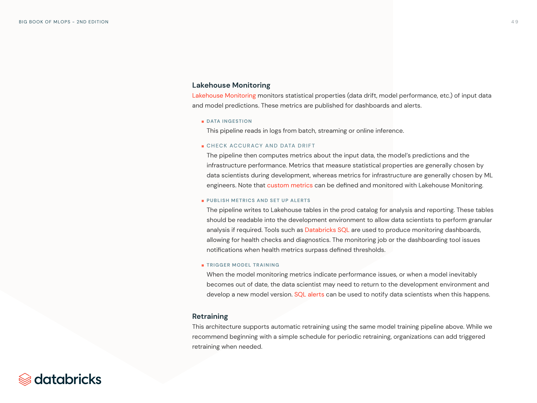 Diagram showing data ingestion, model monitoring, drift checks, dashboards, alerts, and retraining.